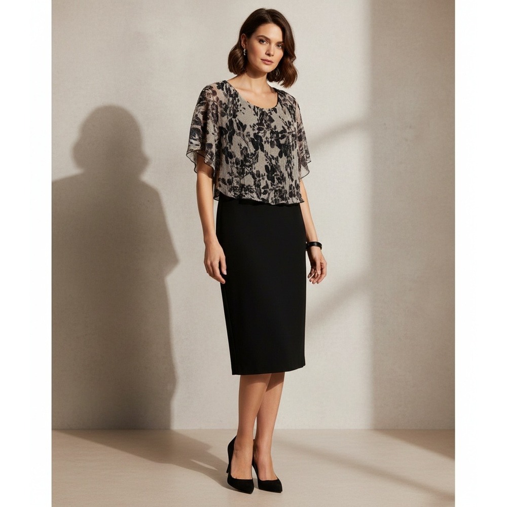 Connected 10 Dress Womens Black Floral Gold Shimmer Shift Midi Y2K Cocktail Glam
